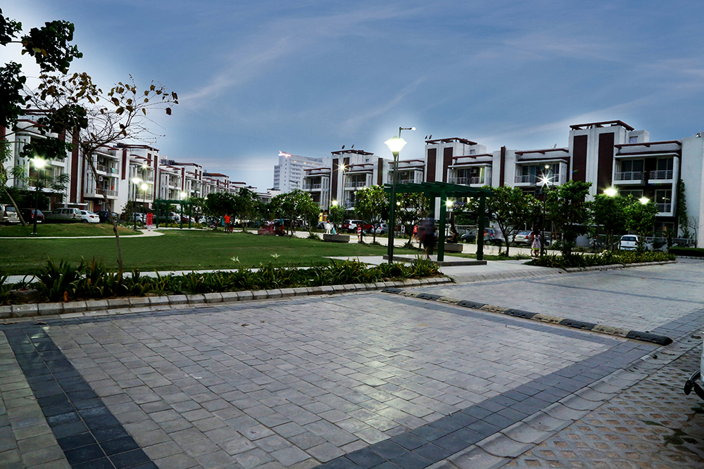 Modern building exterior with construction executives